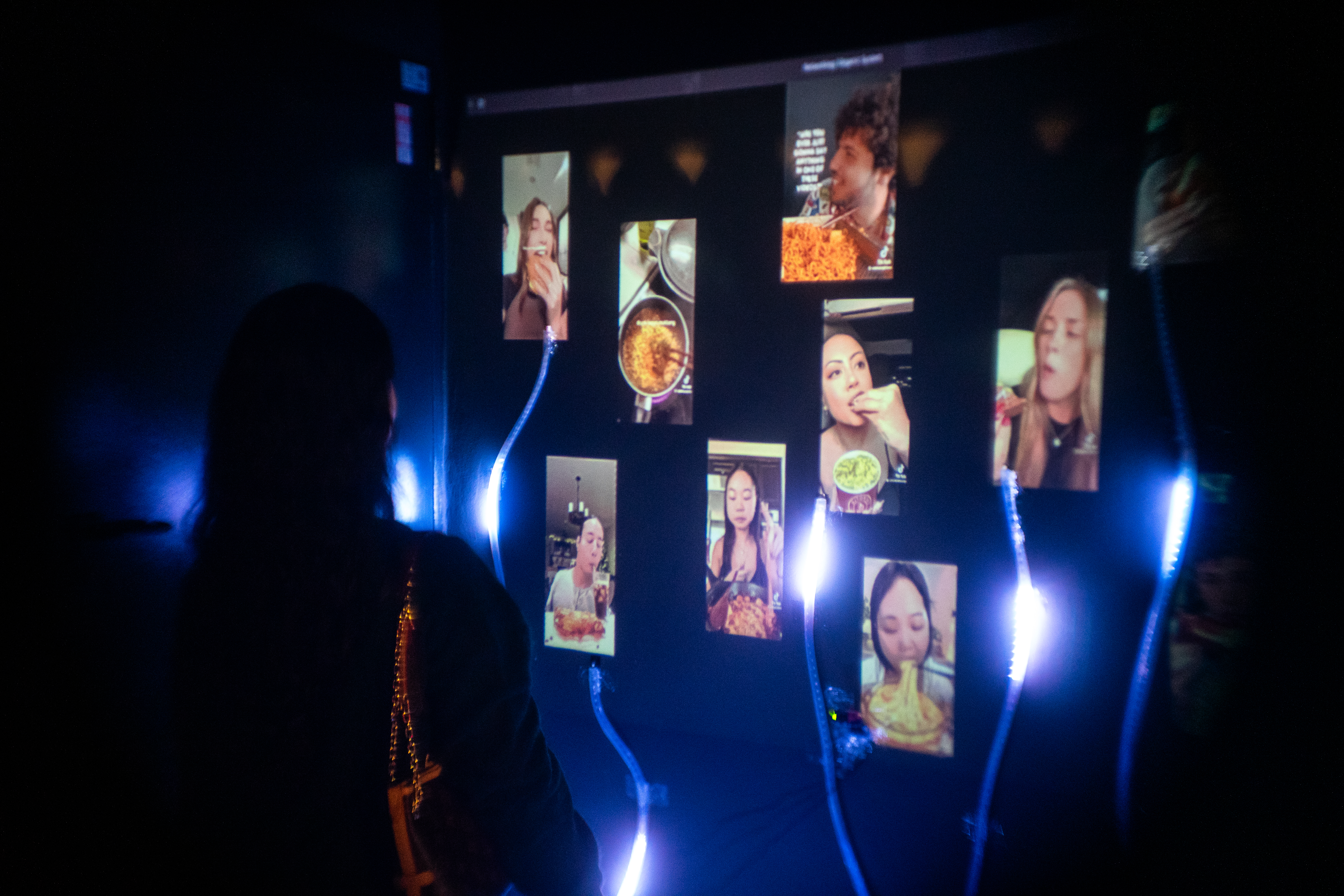 Visitor facing projected echo chamber content in the installation
